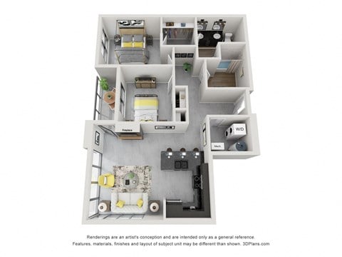 Floor plan for 2 beds, 2 baths, 1007 sqft